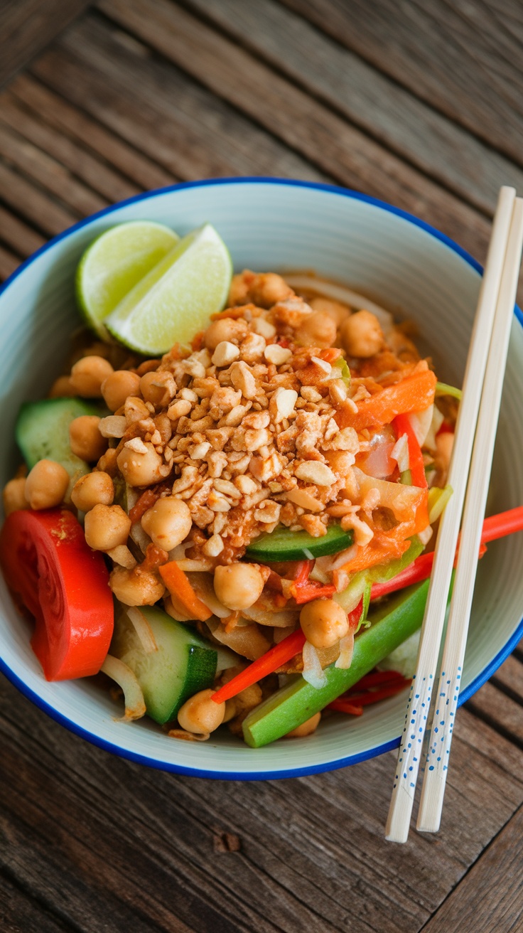 A colorful Chickpea Pad Thai with veggies and chickpeas, topped with peanuts and lime on a wooden table.